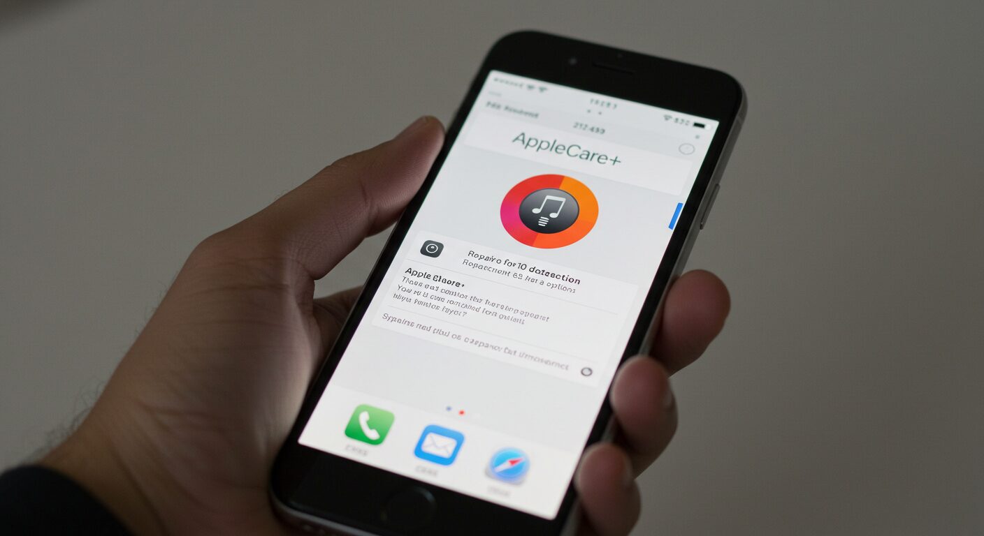 AppleCare+と表示されたiphoneを左手で持っている