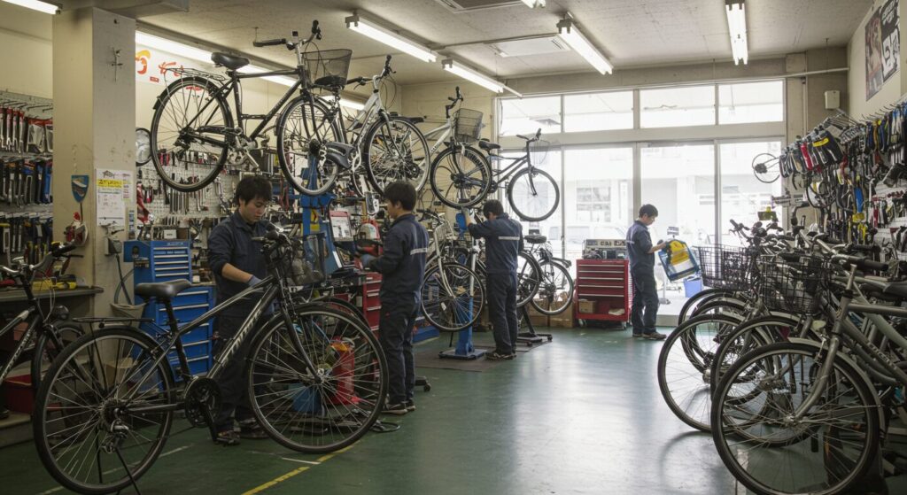 自転車がたくさんあり、つなぎを着た整備士が自転車を修理している